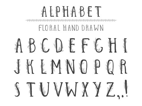 Vector hand drawn alphabet in style grunge with floral elements. Capital letters.