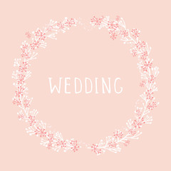 Vector hand drawn illustration of text WEDDING and floral round frame on orange background. Colorful.