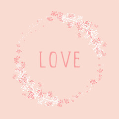 Vector hand drawn illustration of text lOVE and floral round frame on orange background. Colorful.