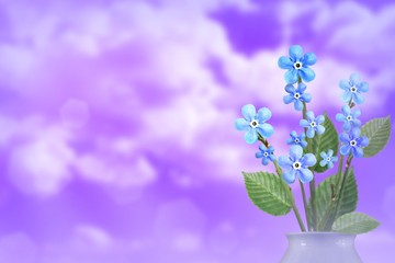 Beautiful live forage bouquet bouquet in porcelain vase with blank place for your text on left on cloudy sky background.
