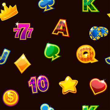 Vector illustration. Background with colored casino icons on black, seamless repeating pattern.