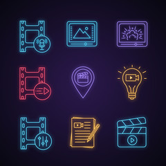 Film industry neon light icons set