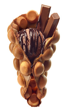 Hong Kong Or Bubble Waffle With Ice Cream And Chocolate Bar