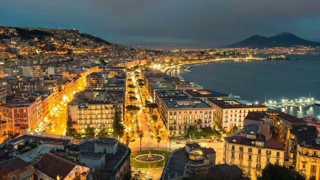 Naples skyline, port and Vesuvius volcano view, time-lapse.