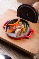 Freshly cooked beef soup in a metal pot