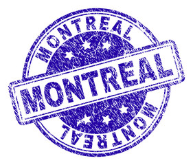 MONTREAL stamp seal imprint with distress texture. Designed with rounded rectangles and circles. Blue vector rubber print of MONTREAL text with grunge texture.