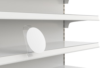 Blank shelf advertising wobbler label or stopper on empty shelf.