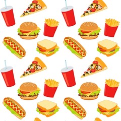 Hamburger, hot dog, cola drink. Takeaway food. Fast food background. Seamless pattern. Vector Illustration