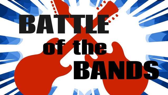 battle of the bands music event promotional poster vector illustration of two red guitars clash over white and blue starbust background with text
