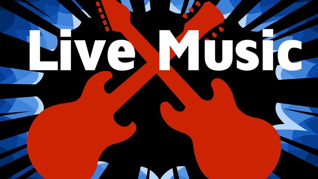 live music event promotional poster vector illustration of two rock guitars clash over dark starburst background with live music text