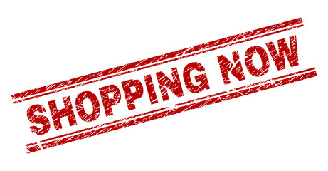 SHOPPING NOW seal print with distress texture. Red vector rubber print of SHOPPING NOW text with dirty texture. Text label is placed between double parallel lines.
