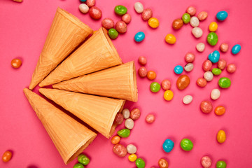 Ice cream waffles cones with colorful candy