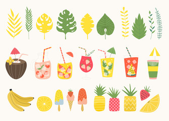 Set of summer items. Vector leaves, cocktails and fruits. Perfect for summertime design.