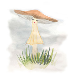 miss mushroom, woman mushroom, watercolor illustration character mushroom children's fairy tale hand drawing, isolated on a white background