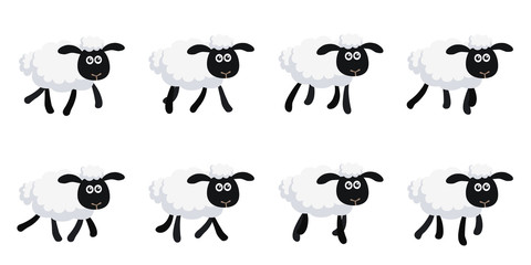Cartoon trotting sheep animation sprite sheet isolated on white background