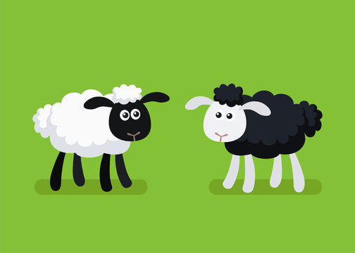 Cartoon black and white sheep standing on plain green background