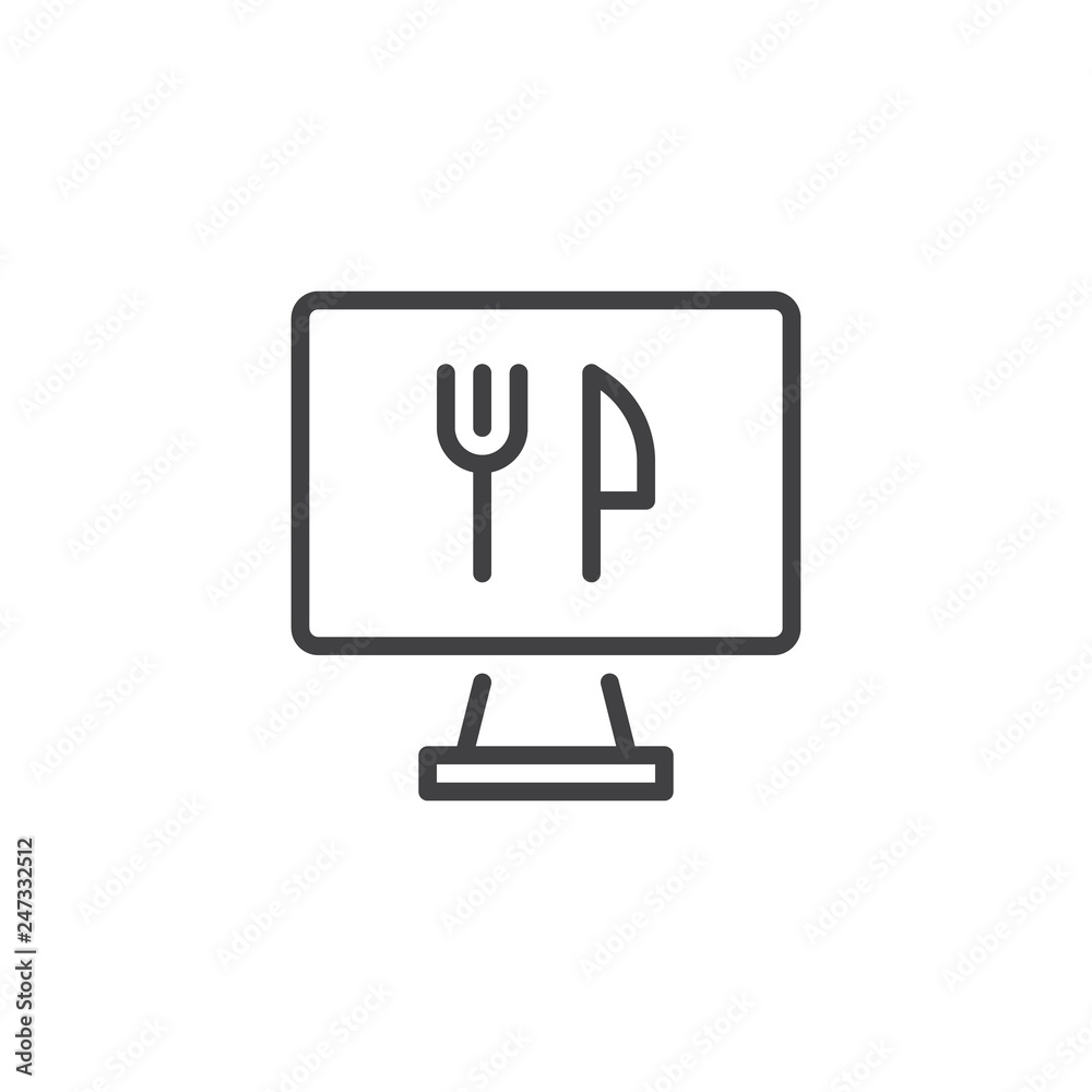 Fototapete Food ordering computer monitor line icon. linear style sign for mobile concept and web design. Monitor with fork and knife outline vector icon. Symbol, logo illustration. Pixel perfect vector graphics