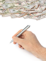 Hand with pen and money