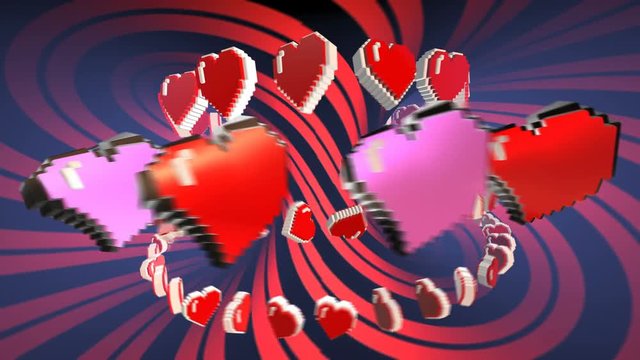 8 bits pixel dancing hearts animation. Retro arcade video game Valentine&acute;s Day background.