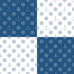 Set of Seamless Travel Patterns with Yacht , Anchor and Ship's Wheel, Maritime Tourism Concept , Line Style Design, Vector Illustration