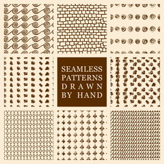 Vector set of hand drawn seamless pattern made with ink. Freehand textures for fabric, polygraphy, web design.