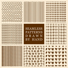 Vector set of hand drawn seamless pattern made with ink. Freehand textures for fabric, polygraphy, web design.