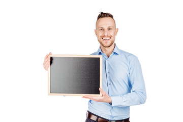 man holding black board with space for text on white background.
