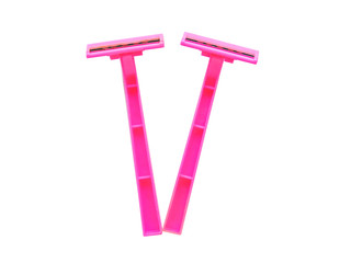 Pink Razor .Removal of unwanted hair. top view. Concept of using razor. Women's Shaving Razor. Shaving razor instrument. Pink shaver in woman hands against pink. beauty, skin care concept .