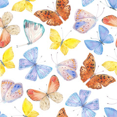 Seamless pattern with multicolored watercolor butterflies on white background.