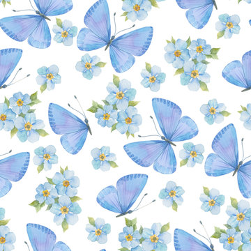 Seamless pattern with watercolor butterflies and forget-me-nots on white background.