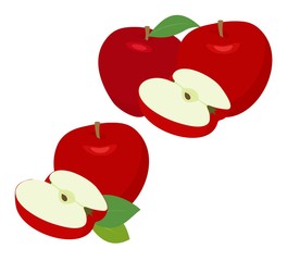 Ripe red apple fruit with apple half and apple leaf isolated on white background. Apples and leaf with Raster illustration