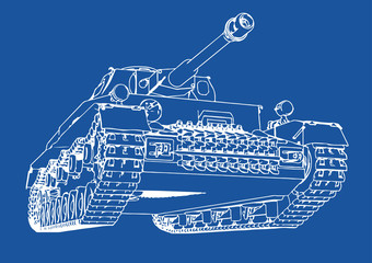 drawing of old military equipment tank on a blue background vector