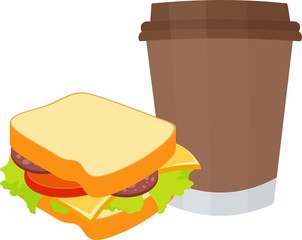 Sandwich and Coffee Raster illustration isolated on white background. Breakfast and Lunch.