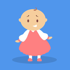 Cute little baby girl standing. Toddler in red dress