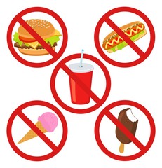Set prohibited signs. Supermarket symbols. No Junk Food, Stop Unhealthy. No ice cream, hot dog, burger or drink isolated on white background.