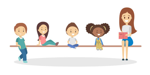 Woman reading book for little children. Happy kids