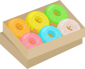 Colorful donuts cartoon set. Box with Doughnuts with pink, green, yellow, orange, chocolate, turquoise icing clipart Raster illustration.