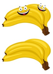 Banana. Bunches of fresh banana fruits isolated on white background, collection of Raster illustrations. Funny cartoon character illustration.