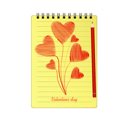Notebook with template hand-drawn bouquet of red hearts . Vector on white background. Greeting card on holiday. Valentines day. A realistic notepad. Office stationery. For notes