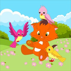 Cute cat cartoon character with birds eating from a hand on the background of a cartoon outdoors landscape, meadows