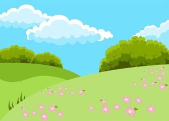 Raster illustration of beautiful fields landscape with a dawn, green hills, bright color blue sky and pink flowers, background in cartoon style.
