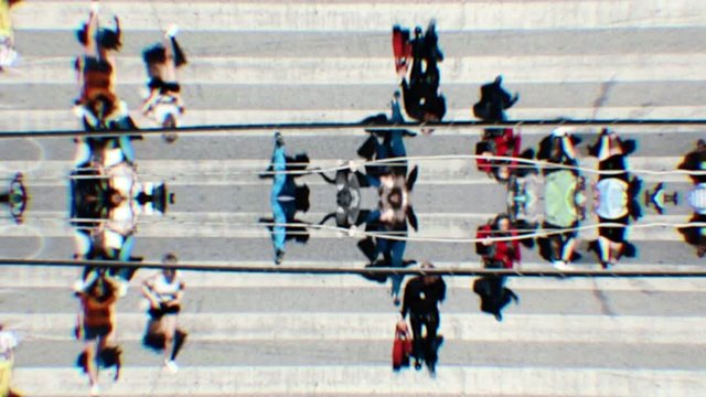 Pedestrians Crossing Street Mirror Effect Crowd of People. Abstract scene of many people walking in a pedestrian crosswalk. Mirror effect