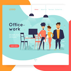 Site template, Teamwork, brainstorming, conference, concept discussion, meeting. Web page design. Website and mobile development. Flat vector illustration in cartoon style.