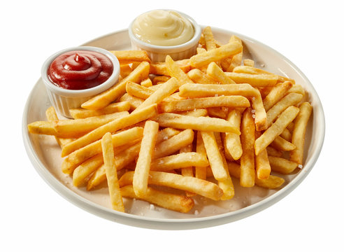 Plate of french fries with ketchup and mayonnaise