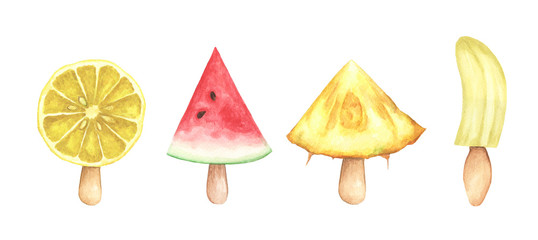 Set of fruit popsicle isolated on white background. watercolor illustration.