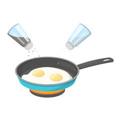 Cooking fried eggs for breakfast in frying pan