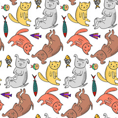 Fototapeta premium Childish seamless pattern with cute yellow, orange and brown cats, dogs and fishes with hatching shadow. Doodle domestic kittens and puppy texture for textile, wrapping paper, wallpaper, background