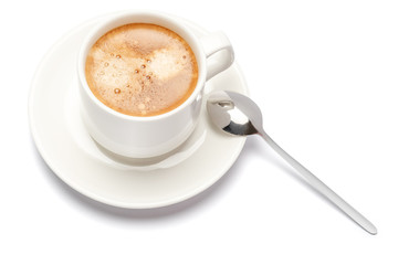 Cup of hot fresh italian espresso isolated on white background