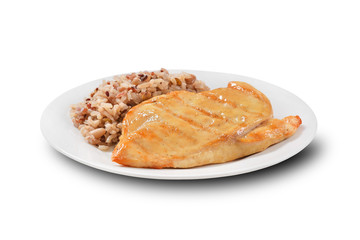 Grilled chicken fillet and rice on white background