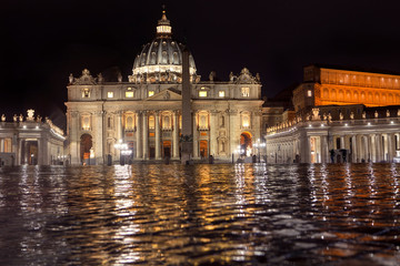 St. Peter Square in Vatican in rainy night